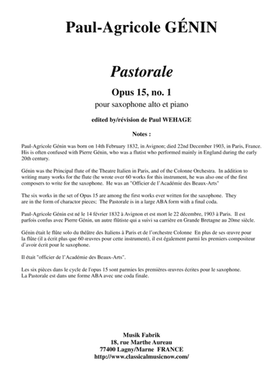 Paul-Agricole Génin: Pastorale, Opus 15, no. 1 for alto saxophone and piano (arr. Musik Fabrik Music Publishing)