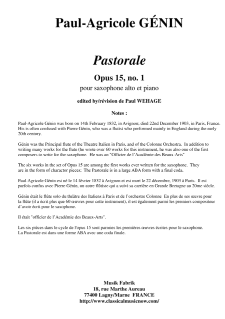 Paul-Agricole Génin: Pastorale, Opus 15, no. 1 for alto saxophone and piano (arr. Musik Fabrik Music Publishing)