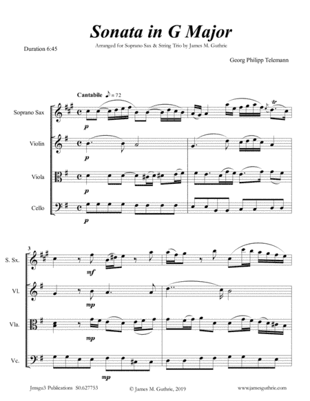 Telemann: Sonata in G Major for Soprano Sax & String Trio (arr. James M. Guthrie, ASCAP)