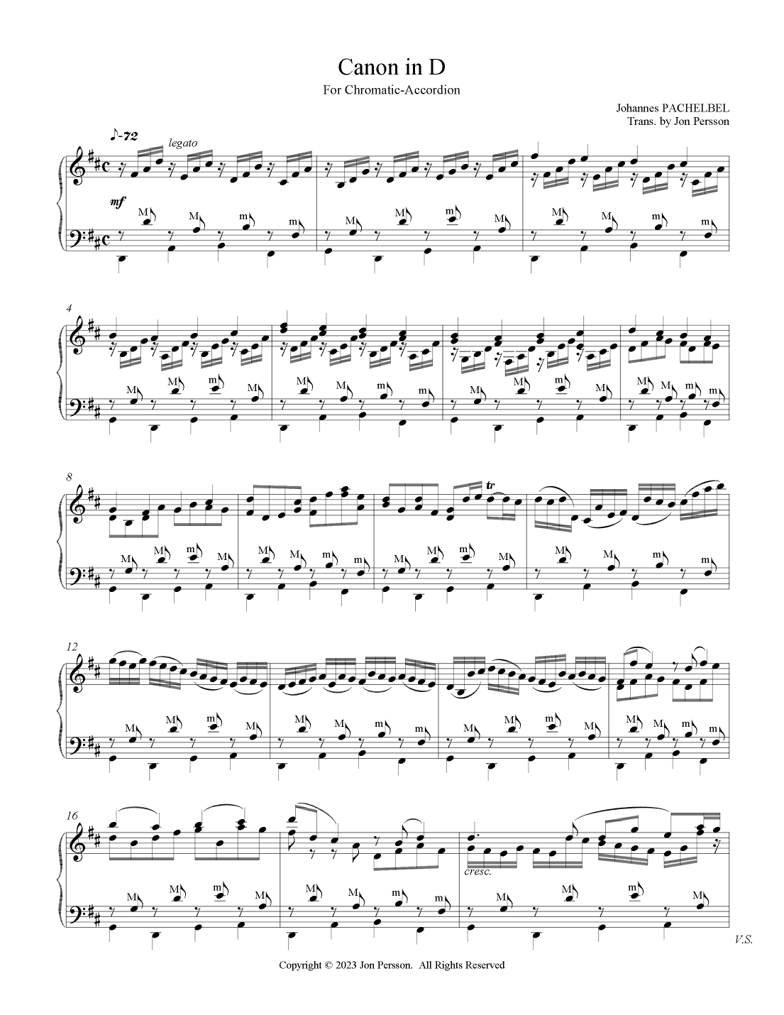 "Pachelbel Canon in D" for Chromatic-Accordion (arr. Jon Persson)