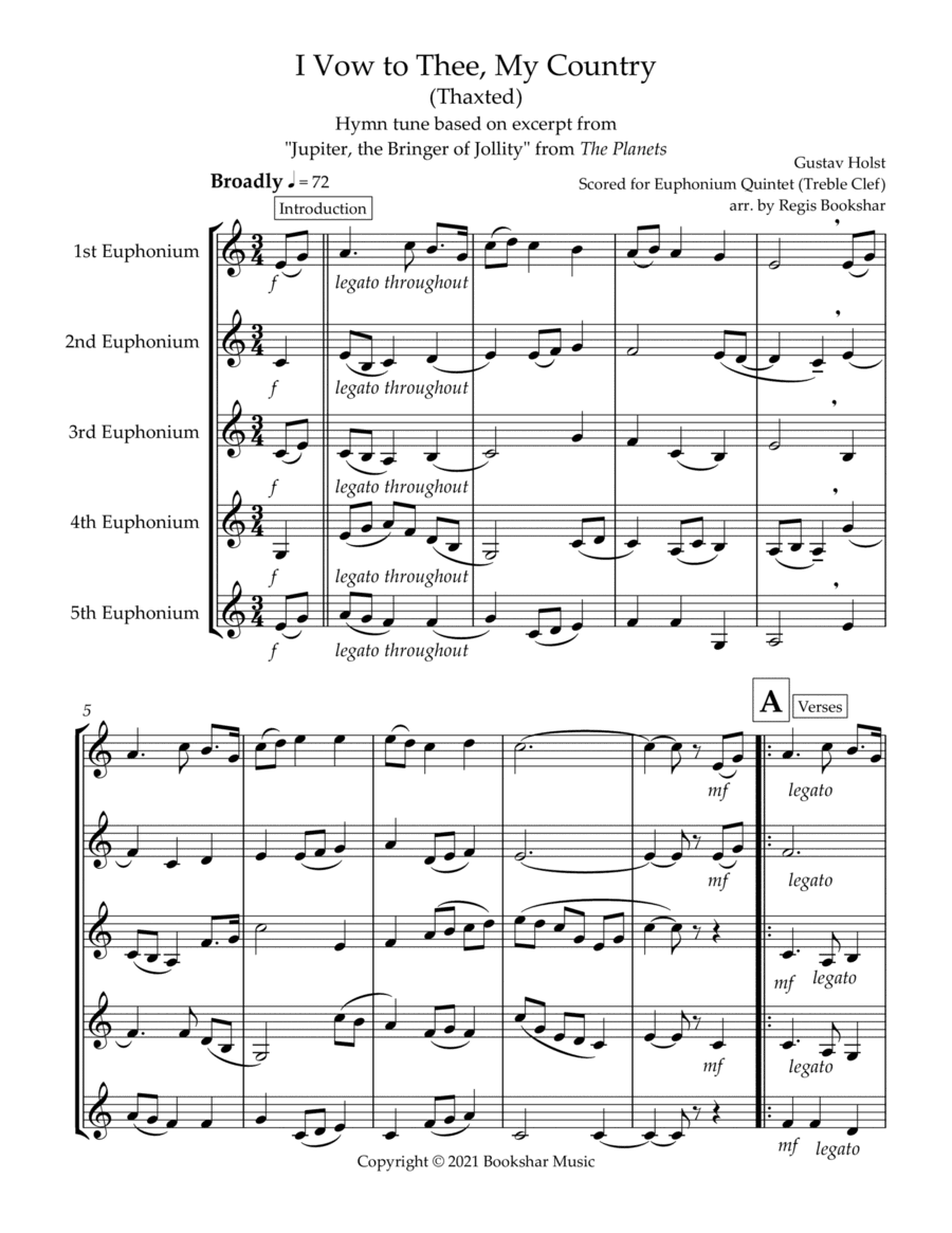 I Vow to Thee, My Country (Thaxted) (Bb) (Euphonium Quintet) (Treble Clef) (arr. Regis Bookshar)