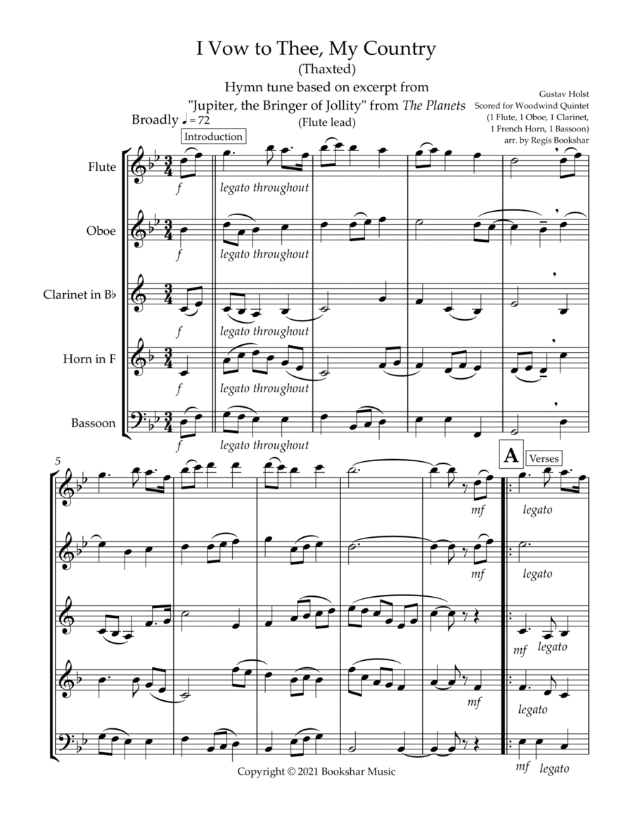 I Vow to Thee, My Country (Thaxted) (Bb) (Woodwind Quintet - 1 Flute, 1 Oboe, 1 Clar, 1 Hrn, 1 Basso (arr. Regis Bookshar)