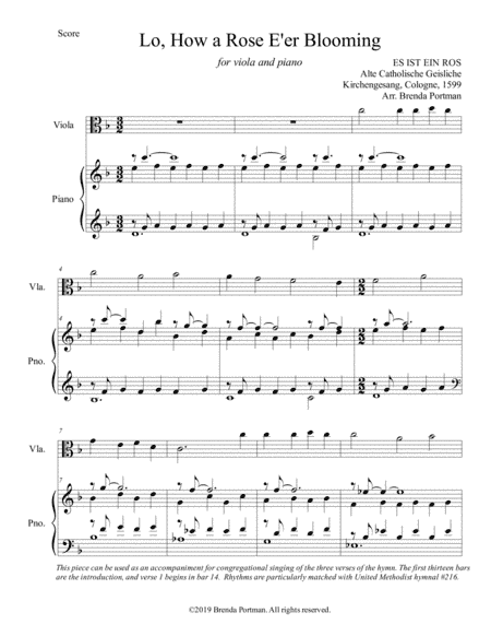 Lo, How a Rose E'er Blooming (viola/piano), arr. Brenda Portman (arr. Brenda Portman)