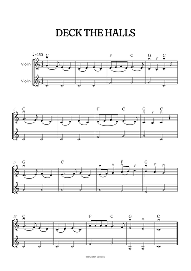 Deck the Halls for Violin Duet | super easy Christmas song sheet music with chords and bowings (arr. Benzaiten Editions)