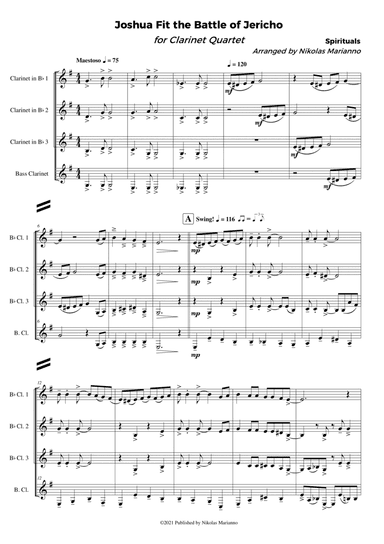 Joshua Fit the Battle of Jericho for Clarinet Quartet (score+parts) (arr. Nikolas Marianno)