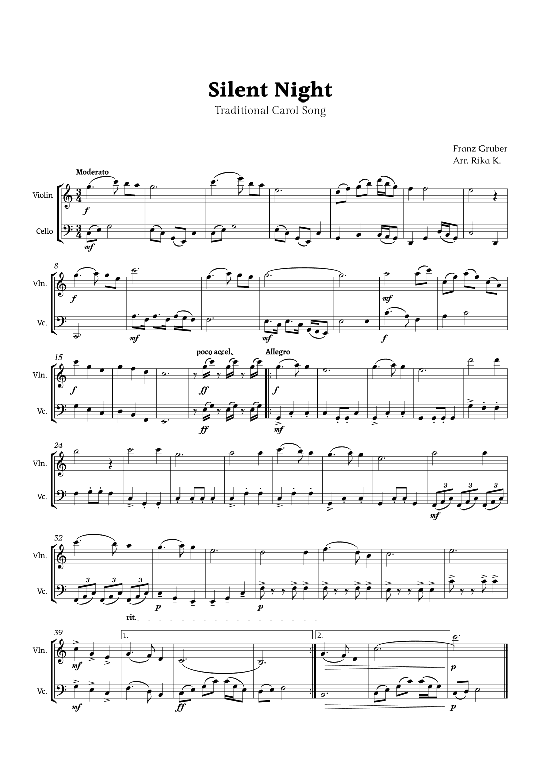 Silent Night for Violin and Cello Duet (arr. Rika K.)