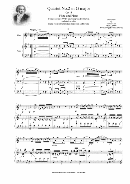 Beethoven - Quartet No.2 in G major Op.18 for Flute and Piano - Score and Part (arr. Santino Cara)