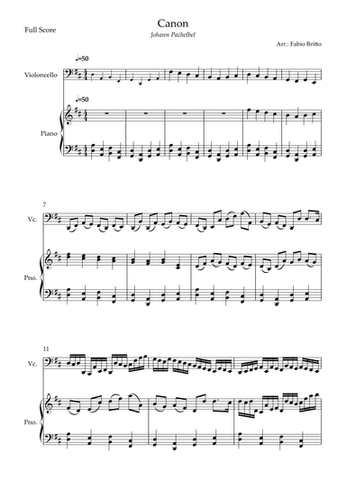 Canon - Johann Pachelbel (Wedding/Reduced Version) for Cello Solo and Piano Accompaniment (arr. Fabio Britto)