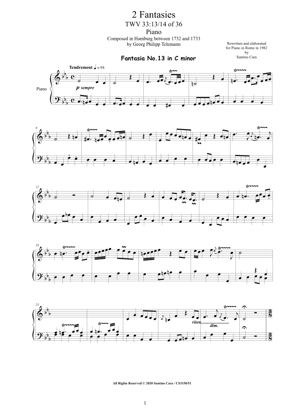 Telemann - 2 Fantasies in (C minor C major) TWV 33 No.13-14 of 36 for Piano (arr. Santino Cara)