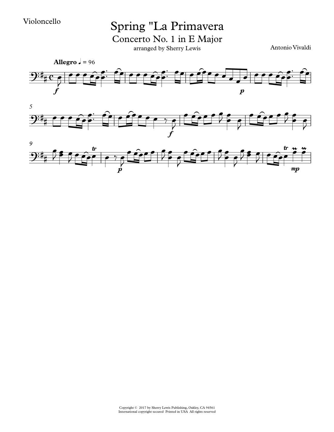 Spring "La Primavera" Concerto No. 1, 1st Mov. for Cello Solo (arr. Sherry Lewis)