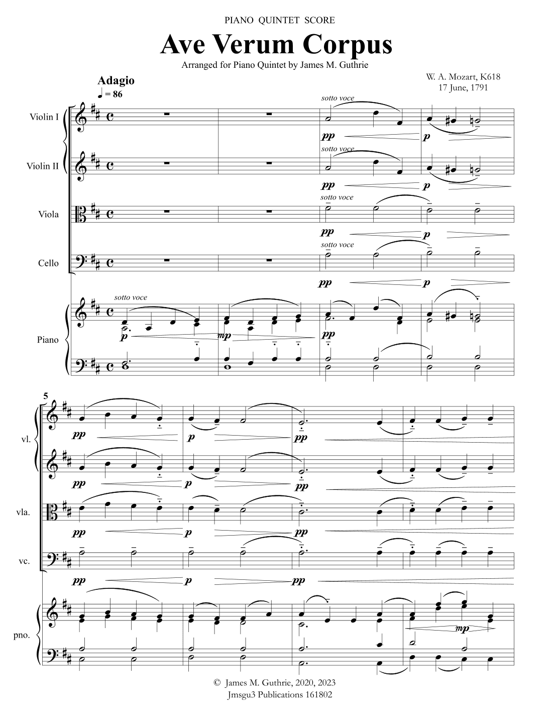 Mozart: Ave Verum Corpus for Piano Quintet (arr. James M. Guthrie)