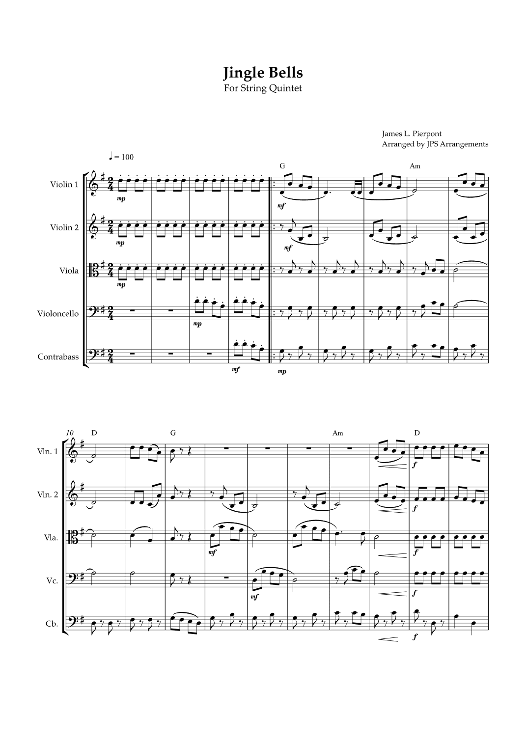 Jingle Bells for String Quintet in G major (arr. Jps Arrangements)