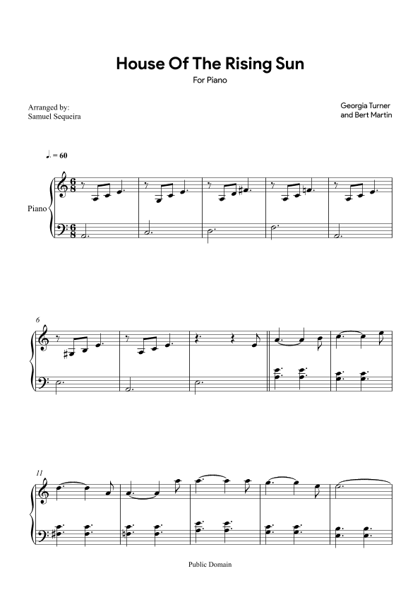 House of the Rising Sun - for Piano (arr. Samuel Sequeira)