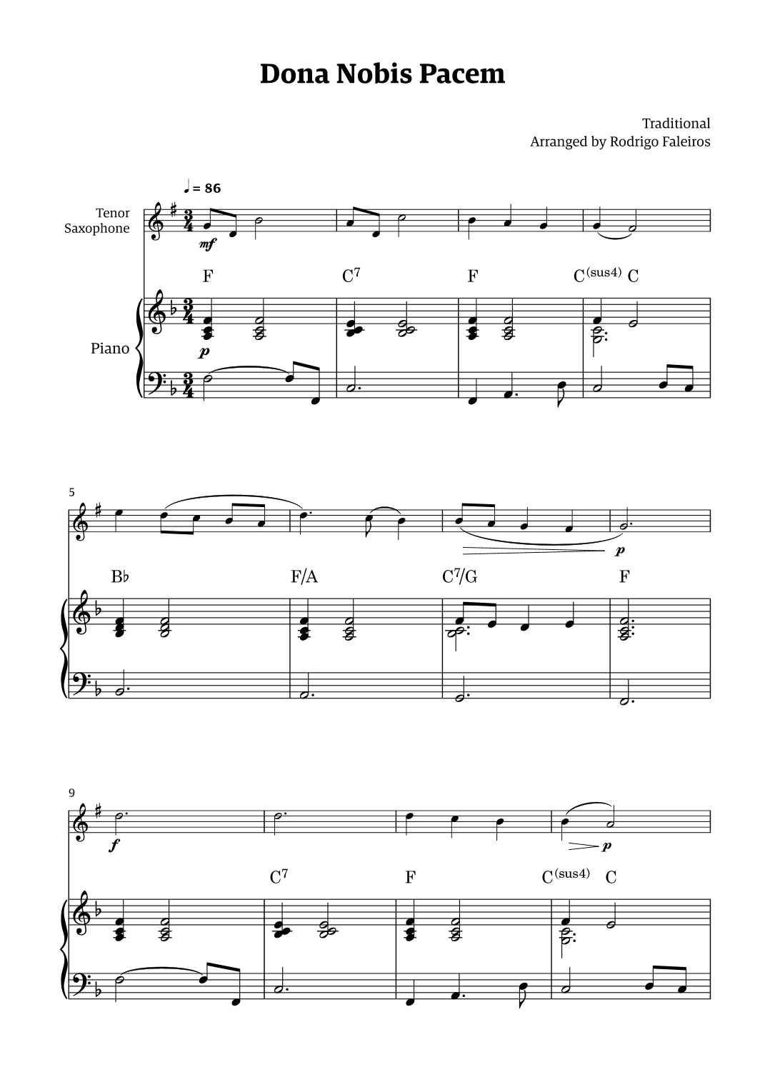Dona Nobis Pacem - for tenor saxophone (with piano accompaniment with chords) (arr. Rodrigo Faleiros)