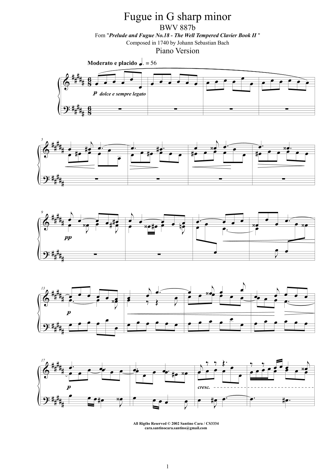Bach - Fugue in G sharp minor BWV 887b - Piano version (arr. Santino Cara)