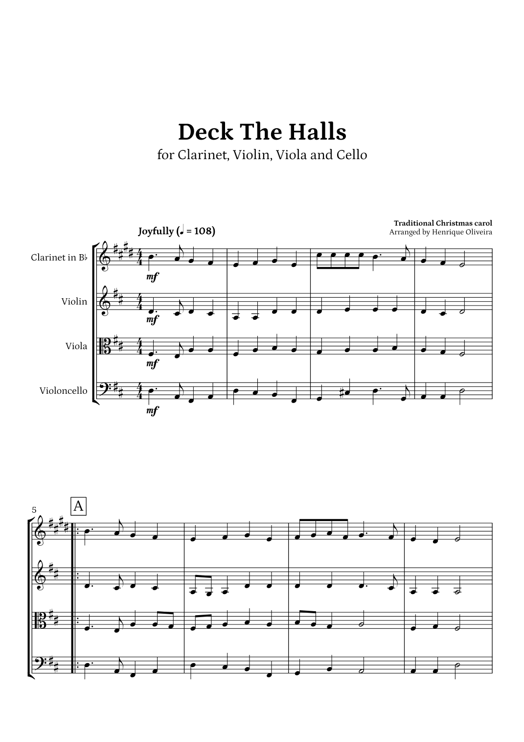 Deck The Halls (Clarinet, Violin, Viola and Cello) | Christmas Carol (arr. Henrique Oliveira)