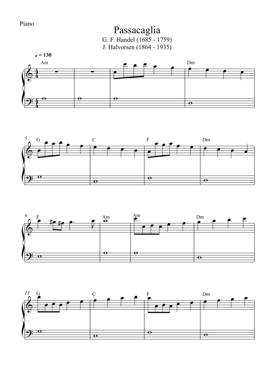 Passacaglia - Handel / Halvorsen (Easy Piano) (arr. Wesley S. SIlva)