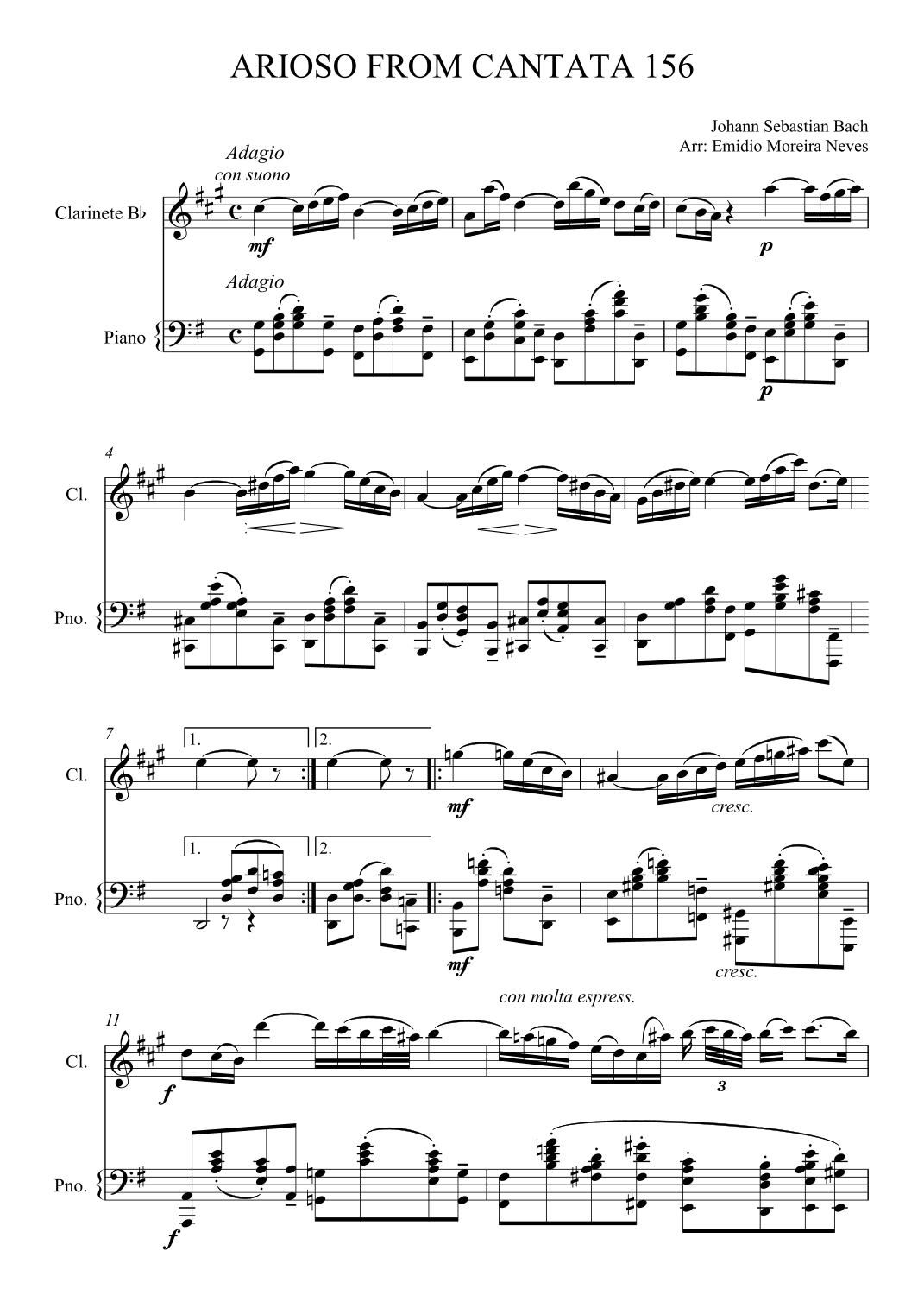 Arioso from cantata 156 for Clarinet and Piano (arr. Emidio Moreira Neves)