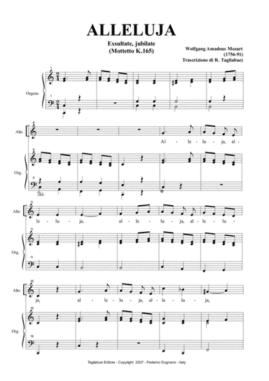 ALLELUJA (Exsultate, jubilate K.165) - Mozart - Arr. for Alto and Organ - (in C) (arr. Renato Tagliabue)