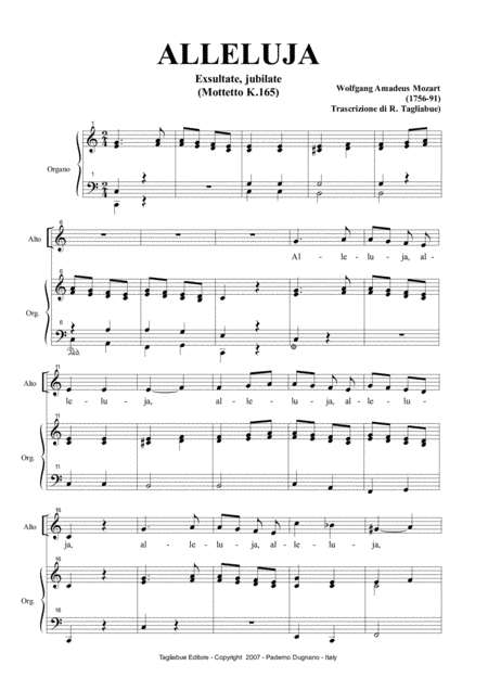 ALLELUJA (Exsultate, jubilate K.165) - Mozart - Arr. for Alto and Organ - (in C) (arr. Renato Tagliabue)
