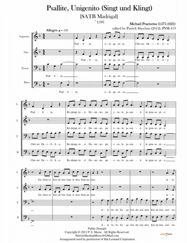 Psallite, Unigenito (Singt und Klingt) [SATB madrigal] (arr. Patrick Sheehan)