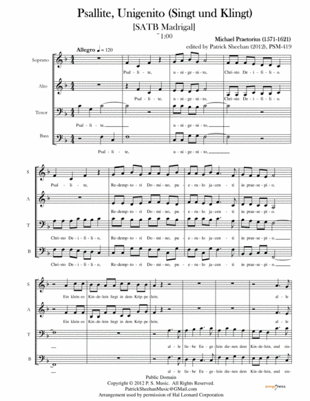 Psallite, Unigenito (Singt und Klingt) [SATB madrigal] (arr. Patrick Sheehan)