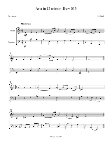 aria BWV 515 for violin and bassoon sheet music d minor (arr. Arezzo Music)