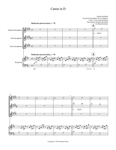 Canon in D (Pachelbel) (D) (Saxophone  Trio - 1 Sop, 1 Alto, 1 Tenor), Keyboard) (arr. Regis Bookshar)