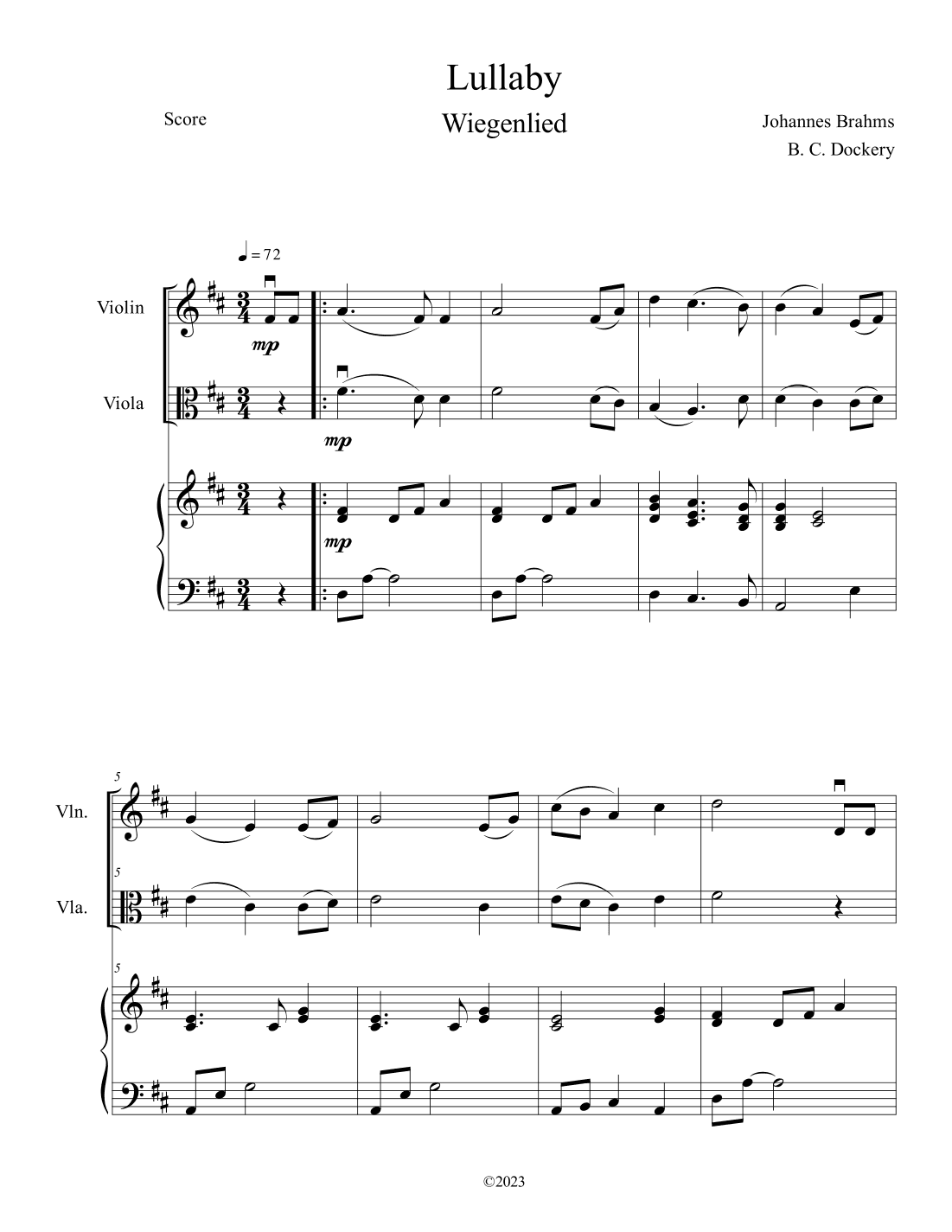 Brahms's Lullaby (Violin and Viola Duet with Piano Accompaniment) (arr. B. C. Dockery)