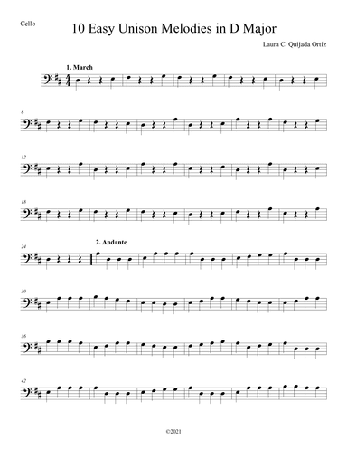 10 Easy Unison Melodies in D Major, for beginner level string orchestra. CELLO PART.