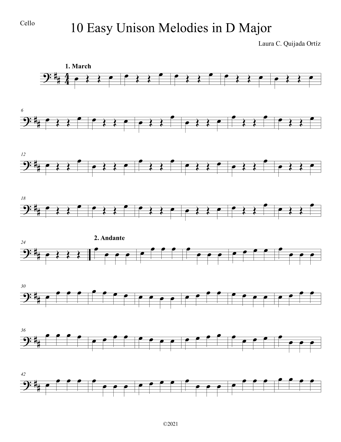 10 Easy Unison Melodies in D Major, for beginner level string orchestra. CELLO PART.