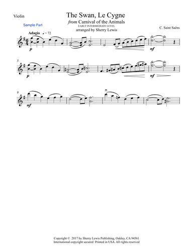 The Swan, LE CYGNE for Violin Solo, Early Intermediate Level for solo violin (arr. Sherry Lewis)