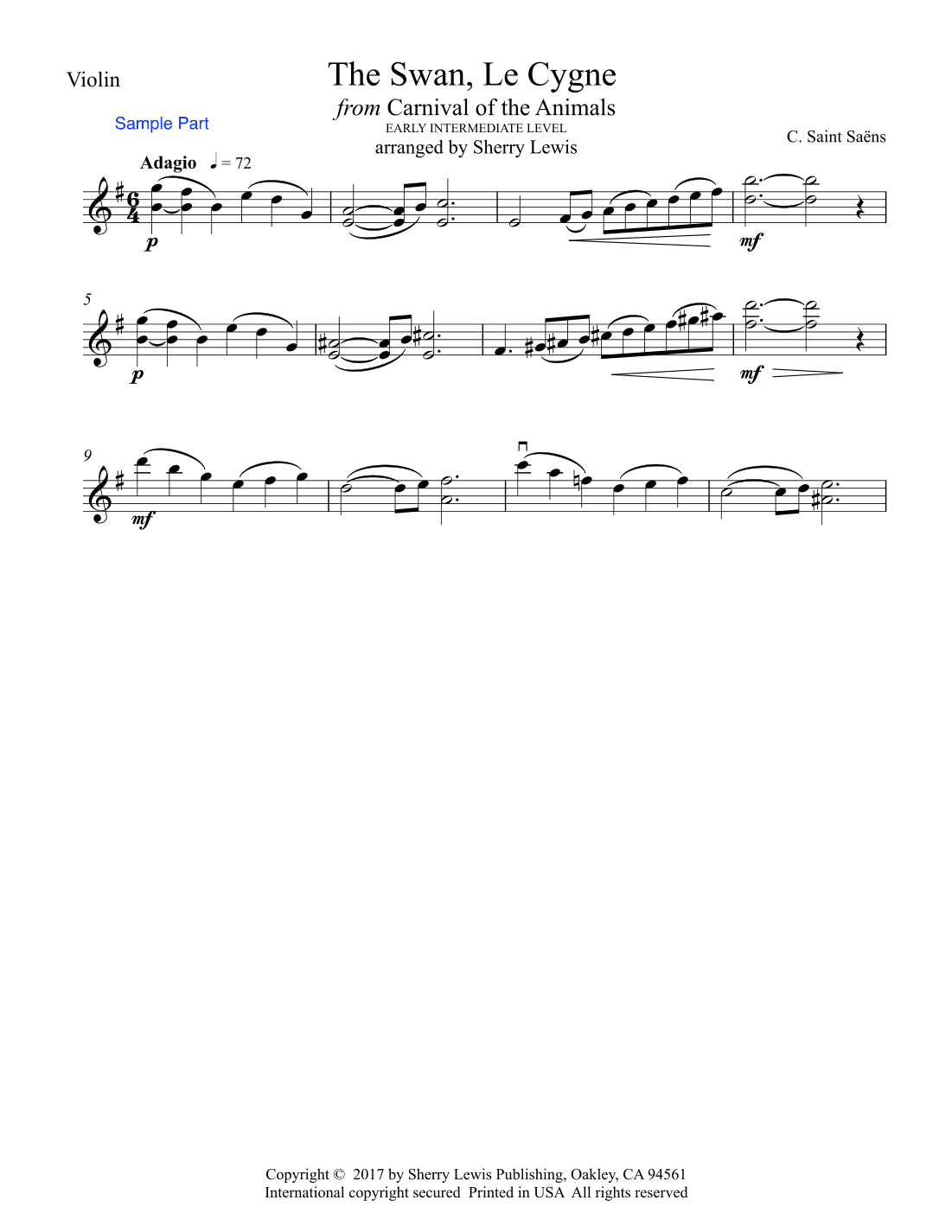 The Swan, LE CYGNE for Violin Solo, Early Intermediate Level for solo violin (arr. Sherry Lewis)