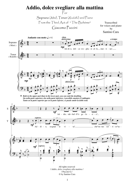 Puccini - La Bohème (Act3) "Addio, dolce svegliare alla mattina" - Soprano, Tenor and Piano (arr. Santino Cara)