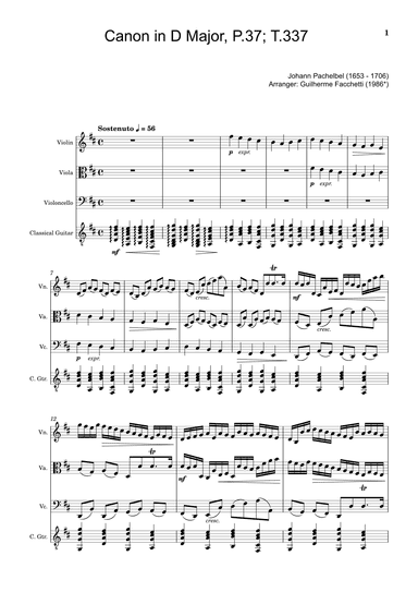 Canon in D Major, P.37; T.337. Arranged for Violin, Viola, Cello and Guitar. Score and Parts (arr. Guilherme Facchetti)
