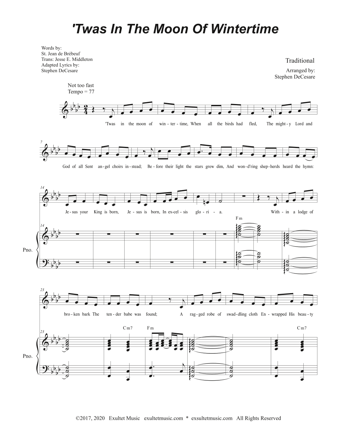 'Twas In The Moon Of Wintertime (Unison choir) (arr. Stephen DeCesare)