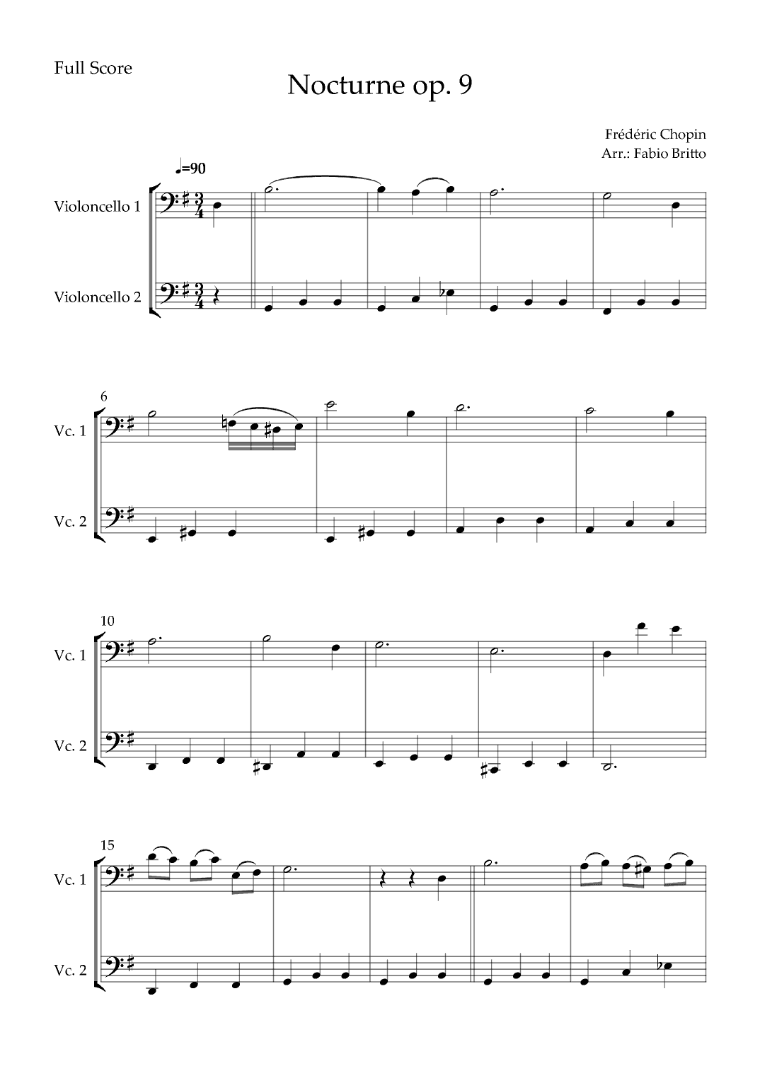 Nocturne Op.9 No. 2 (Frédéric Chopin) for Cello Duo (arr. Fabio Britto)