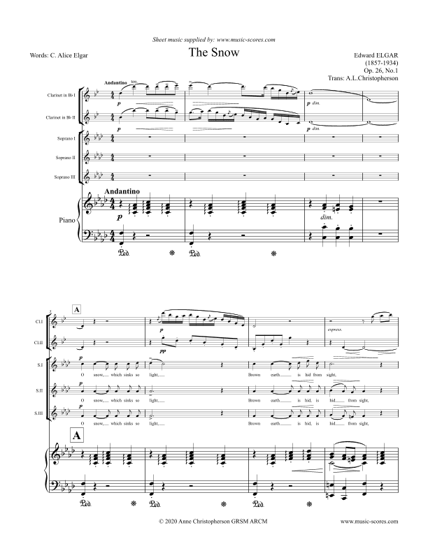 The Snow, Op.26 - SSA voices, Piano and Clarinets (arr. Anne L Christopherson GRSM ARCM)