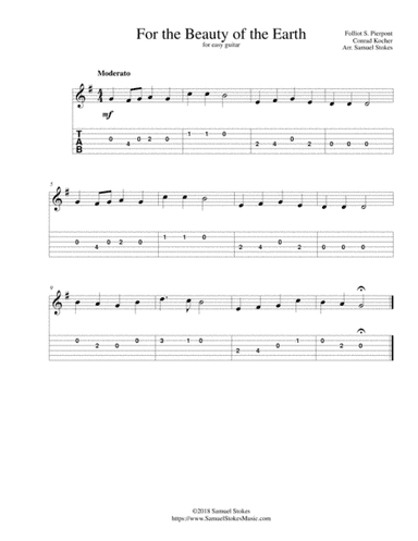 For the Beauty of the Earth - for easy guitar with TAB (arr. Samuel Stokes)