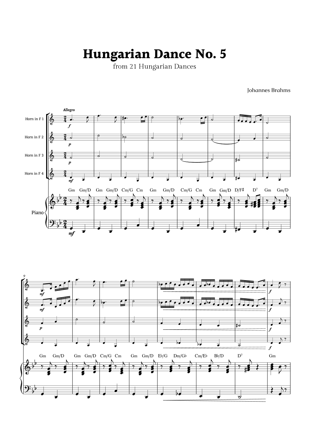 Hungarian Dance No. 5 by Brahms for French Horn Quartet and Piano (arr. Rika K.)
