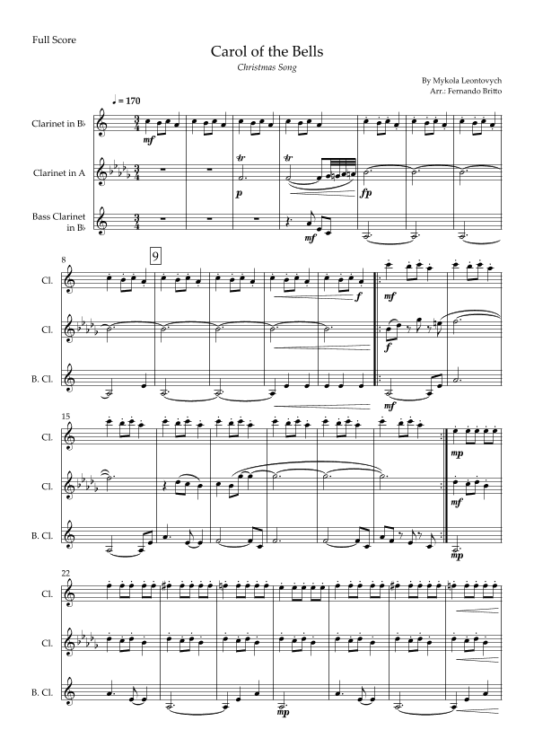 Carol of The Bells - Jazz Version (Christmas Song) for Clarinet Trio (arr. Fabio Britto)