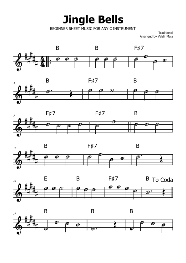Jingle Bells - B Major (with note names) (arr. Valdir Maia)