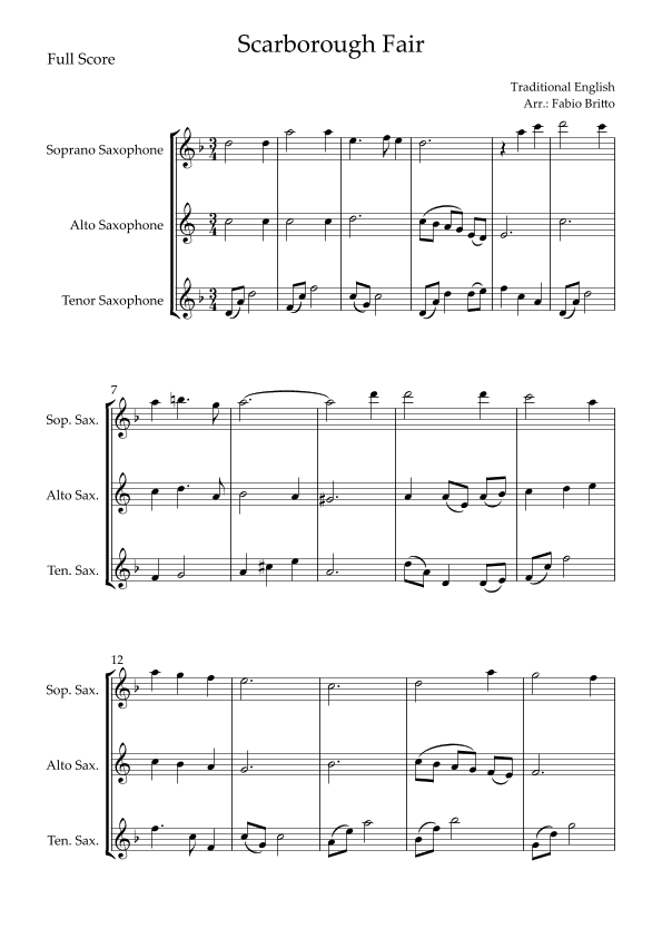 Scarborough Fair for Saxophone Trio (arr. Fabio Britto)