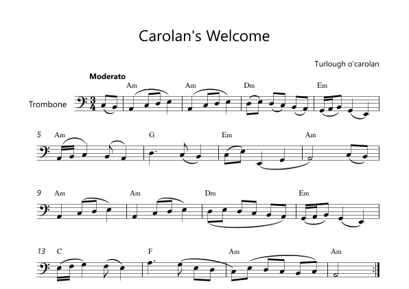 Carolan's Welcome - Trombone Lead Sheet with Chord Symbols (arr. Victor Araújo)