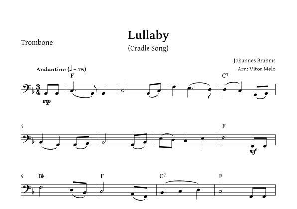 Brahms Lullaby -  Solo Trombone (arr. Vitor Melo)
