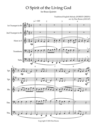 O Spirit of the Living God for Brass Quintet (arr. Dan Boone (ASCAP))