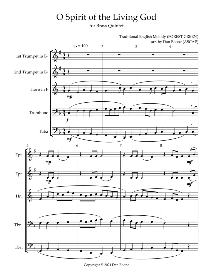 O Spirit of the Living God for Brass Quintet (arr. Dan Boone (ASCAP))