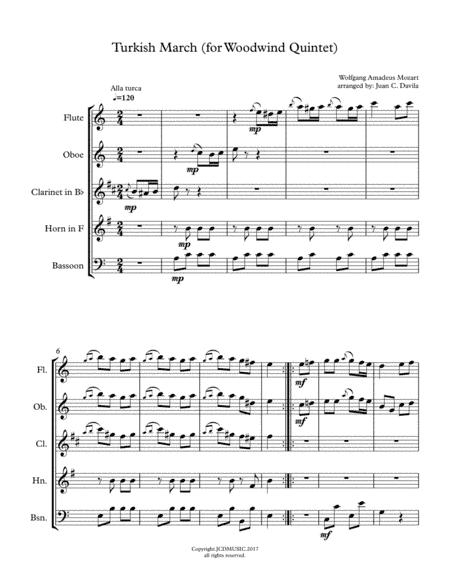 Turkish March for Woodwind Quintet (Rondo Alla Turca) (arr. Juan C. Davila)