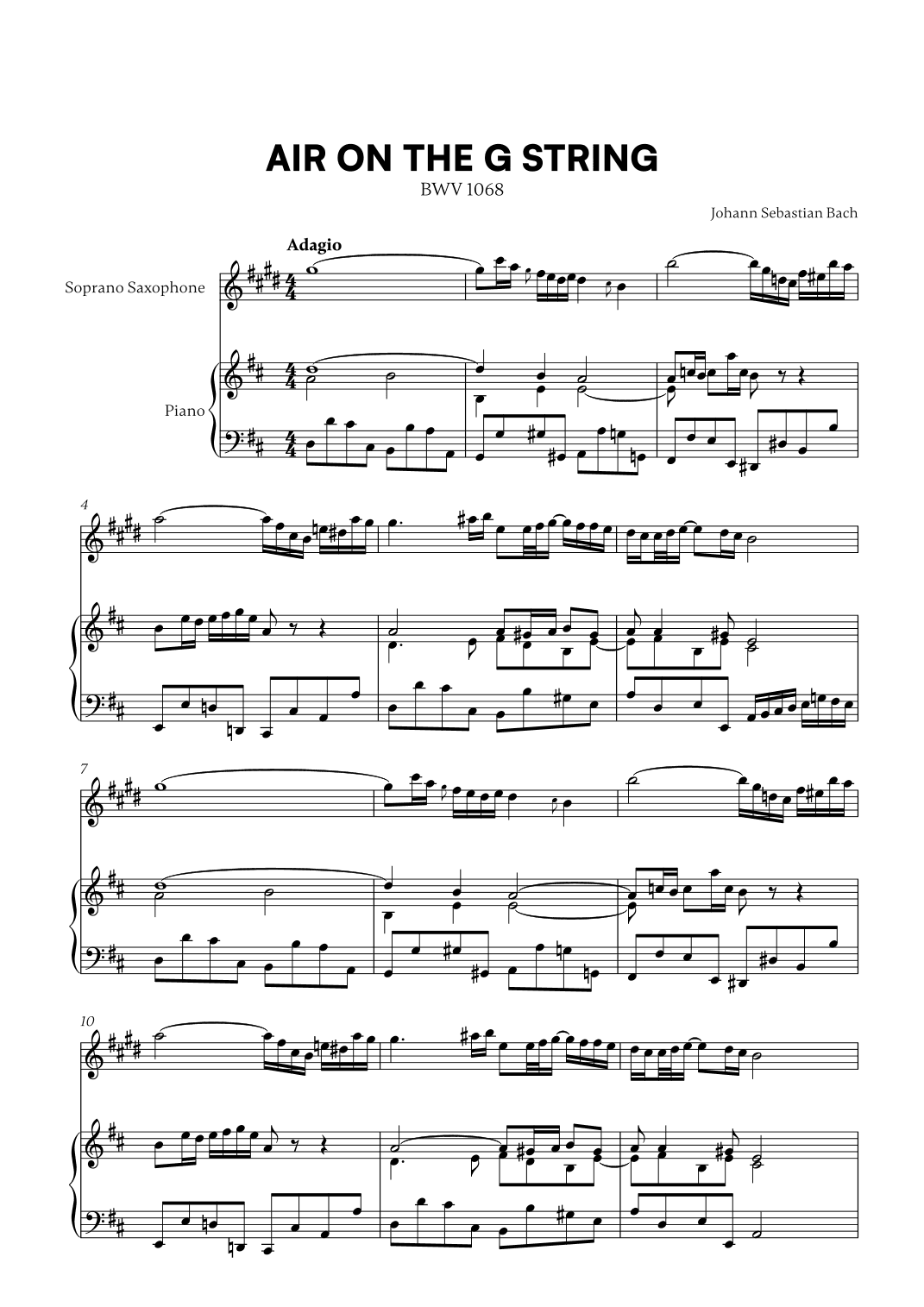 Johann Sebastian Bach - Ait on the G String (for Soprano Saxophone and Piano) (arr. Cadenza Editions)