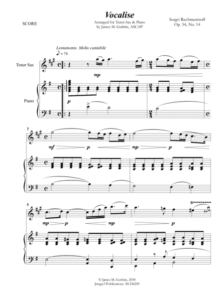 Rachmaninoff: Vocalise for Tenor Sax & Piano (arr. James M. Guthrie, ASCAP)